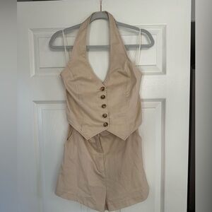 Tan Halter Neck Buttoned Romper